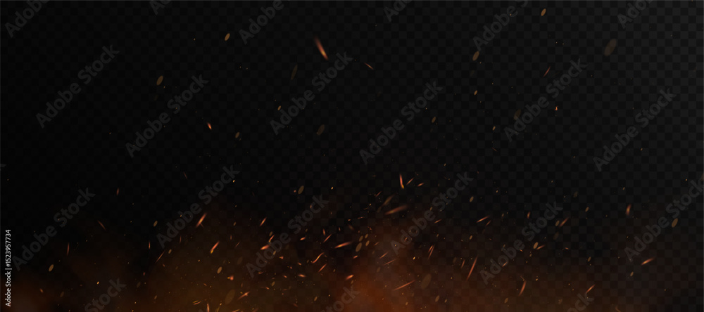 Obraz premium Fiery sparks and glowing embers swirling upward with soft smoke on a transparent backdrop.