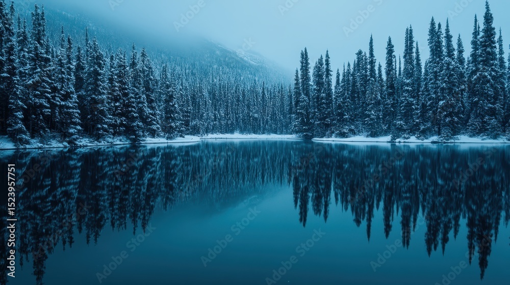Obraz premium Majestic winter landscape with snow falling over trees and lake at dusk