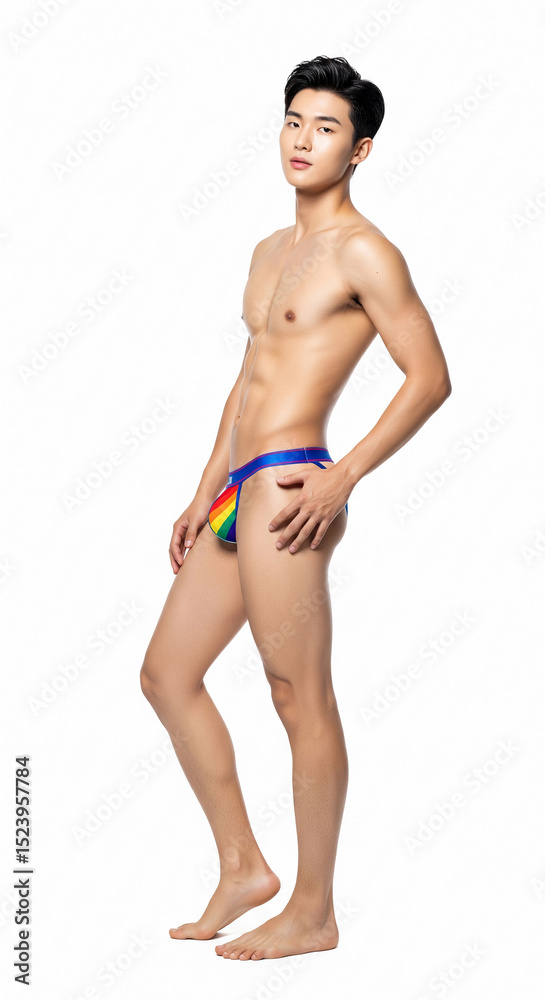 Fototapeta premium Handsome male underwear model poses in briefs against a clean background. Showcasing modern men's underwear style, fit physique, and minimalist fashion appeal.