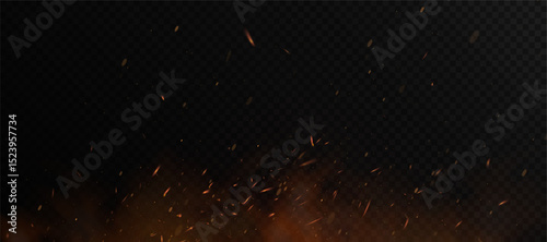Fiery sparks and glowing embers swirling upward with soft smoke on a transparent backdrop.

