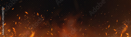 Sparks and flames on a transparent background with realistic fire effect and diffuse smoke. Can be used for designs related to heat, flash or fire.
