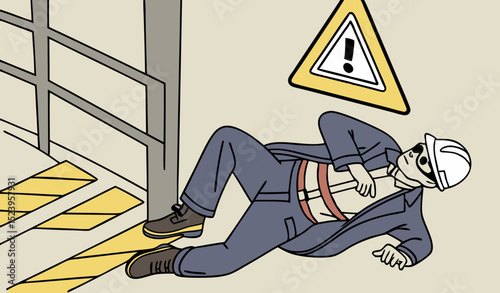 Industrial safety failure scenario showing unconscious worker collapsing at confined space entrance due to lack of proper ventilation and permit control isometric