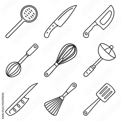 Collection of line art kitchen utensils and knives