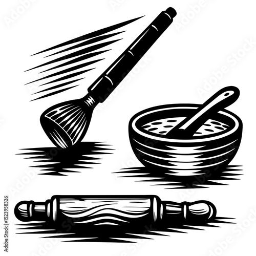 Baking utensils vintage woodcut illustration