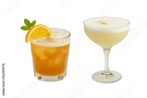 Invigorating Cocktails: Two expertly crafted cocktails, one a radiant orange citrus-infused drink and the other a classic pisco sour, stand ready to refresh and tantalize the senses.