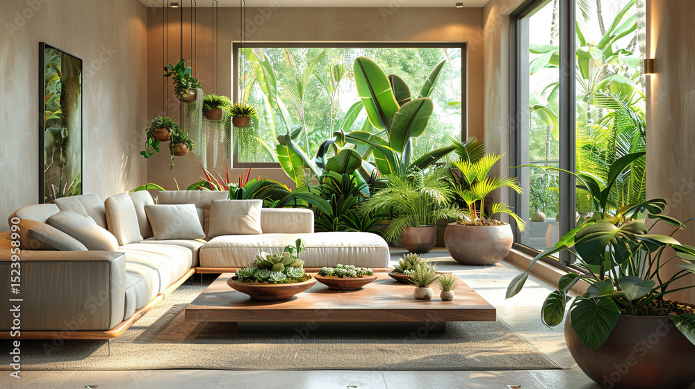 Fototapeta premium Urban Jungle Style Living Room with Varied Houseplants and Modern Furniture