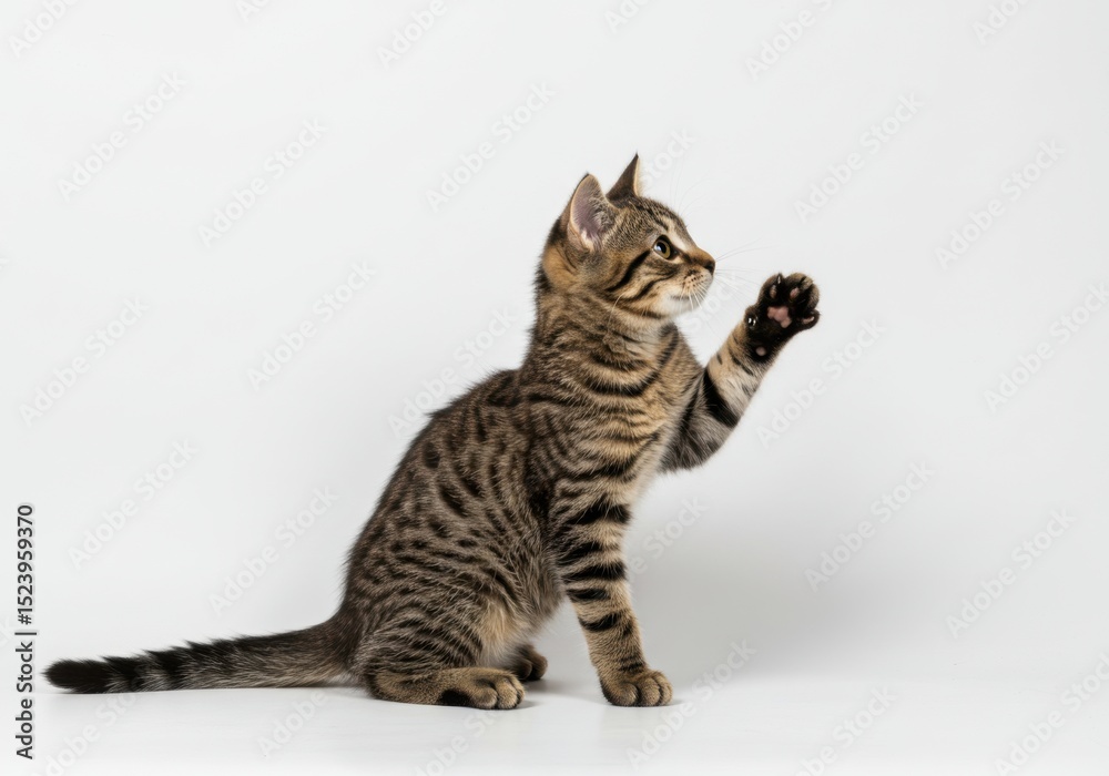 Obraz premium Cute tabby kitten reaching up isolated on white background