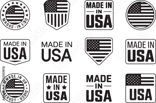 Made in USA Stamp Vector Design

USA Flag Badge Silhouette Art

American Quality Label Vector Scene

Patriotic Made in America Emblem

USA Product Mark with Stars & Stripes