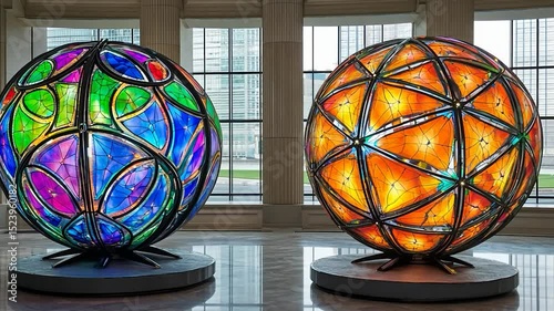 Colorful Stained Glass Globes in a Modern Gallery