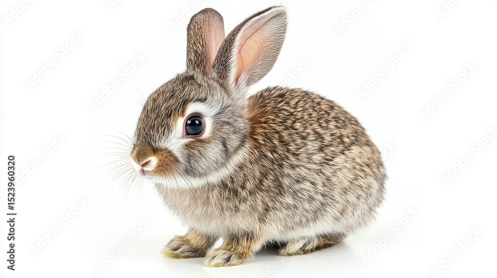 Fototapeta premium Tiny rabbit with alert posture and soft fur isolated on clean white surface, high-detail close-up