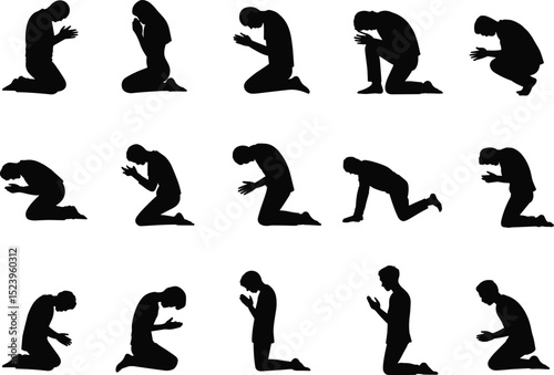 Silhouette Praying Poses: Religious Devotion, Meditation, and Spiritual Connection Illustrations