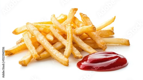 Thin and crispy shoestring fries with a bold red ketchup splash next to them, isolated on white