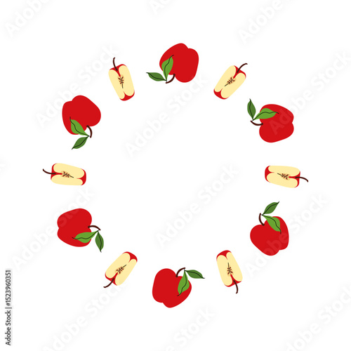 Red Apple wreath with whole and slice fruits. Round seasonal fruits border. Circle apple floral frame with leaves. Summer background For poster, banner, cover, invitation. Vector flat illustration.