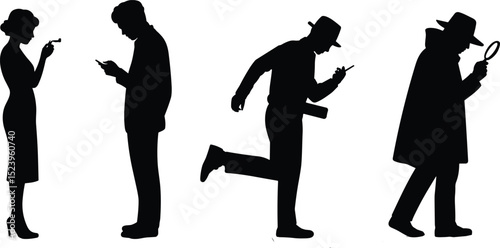 Silhouette Mystery Characters: Detective, Spy, Runner, and Sleuth in Action for Noir-Themed Design