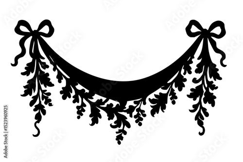 Decorative black curtain design with bows and floral accents  