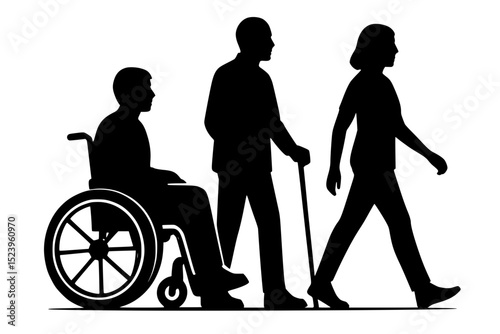 Silhouettes of three people walking together, one in a wheelchair, one with a cane
