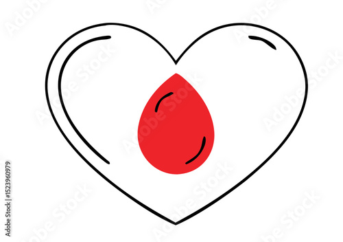 A simple outlined heart shape with a red teardrop in the center, symbolizing love or blood donation.