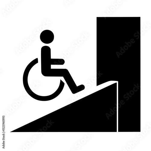 Wheelchair user navigating ramp towards accessible entrance  