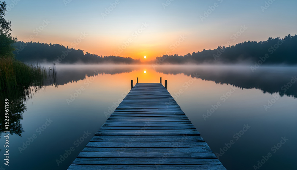 Naklejka premium A straight flat simplistic rectangular lake dock, beautiful sunrise, foggy, calm water