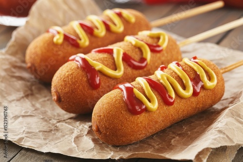 Corn dog, fried sausage in batter with mustard and ketchup
