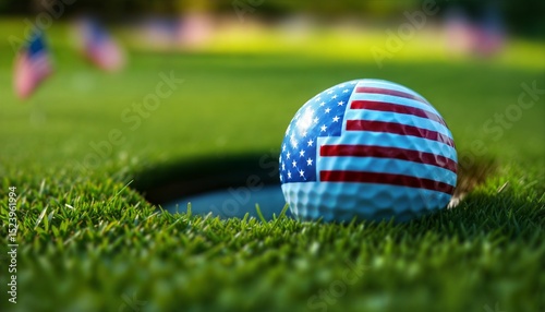 Patriotic golf ball near hole on green