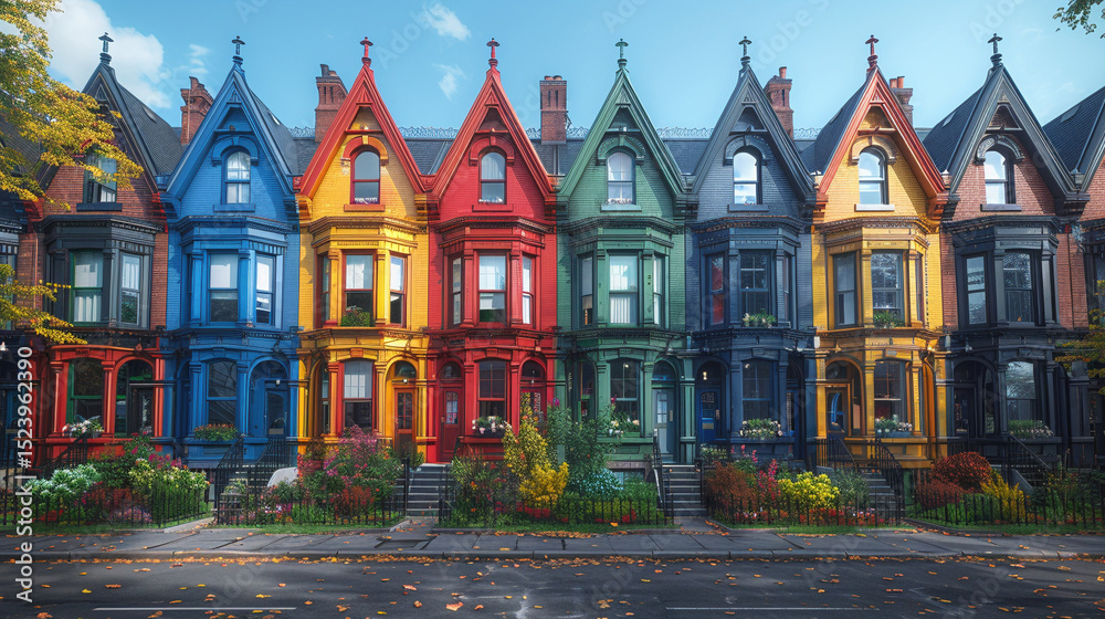 Fototapeta premium Vibrant Victorian Charm: Colorful Row of Historic Houses