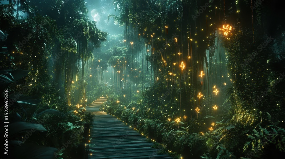 Obraz premium Lush indoor garden illuminated by glowing plants in a contemporary architectural space during early evening hours