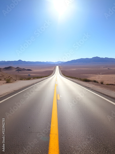 Deserted straight road disappears into distance, sun glare, vibrant yellow center divides lanes, desert, sunny