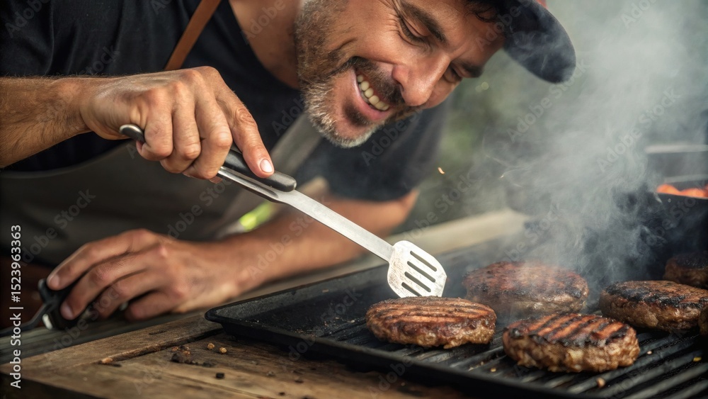 Fototapeta premium Man using a spatula to flip burgers on a grill, smoke rising, picnic table in the background. теги: man,spatula,flipping burgers,grill,smoke rising,picnic table,summer 