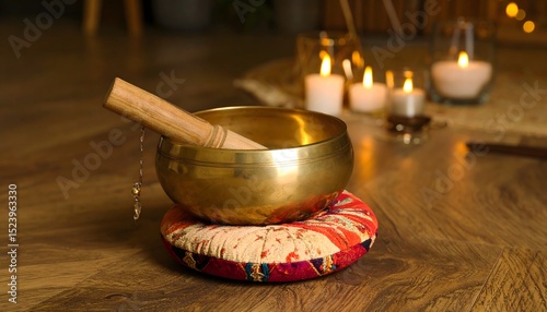 Tibetan sound bowl on vibrant cushion high resolution photo