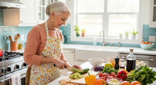 Elderly woman chopping vegetables in a bright kitchen at home  
