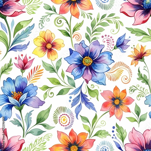 Vibrant Watercolor Floral Pattern with Multicolored Blooms and Decorative Swirls on White