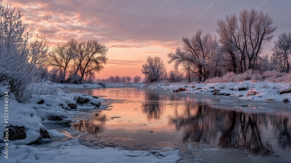 Obraz premium A Frozen River Reflecting the Winter Sunset Scenery
