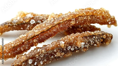 Crispy, sugared fish snacks on white background