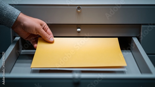 Close-up of hand placing yellow file into drawer for minimalist office organization concept.