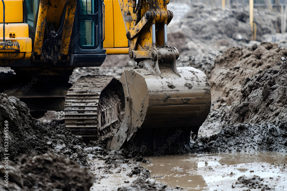 Fototapeta premium Excavator Bucket Digging Mud Soil Ground Heavy Machinery Construction Industrial Powerful Tool Closeup View work site