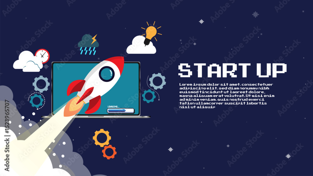 Fototapeta premium Rocket flying over cloud,Rocket launch. Business startup concept. 