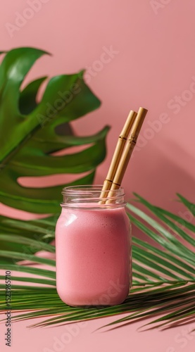 A delightful rose smoothie with bamboo straws inside