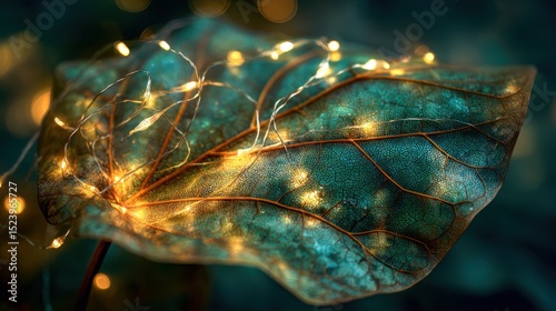 Illuminated Leaf Macro With Bright Golden String Lights
