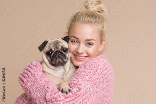 Smiling Woman Cuddling Her Pet Pug Dog Indoors