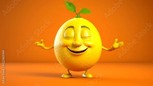 Cartoon lemon character, bright yellow,  on orange background.  Smiling,  with outstretched arms,  walking.  Simple 3D modeling style