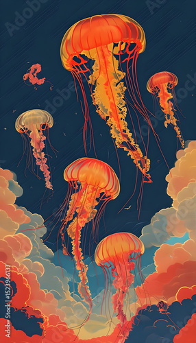 Translucent Jellyfish Floating Through A Navy Sky