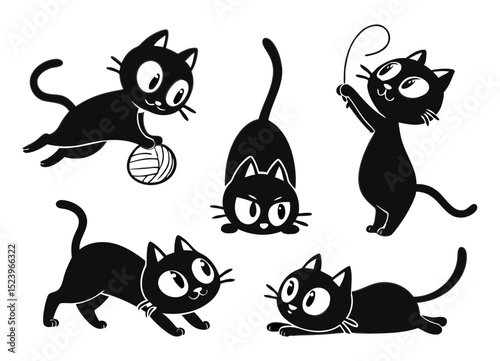 Set of Playful Black Cartoon Cats in Cute and Active Poses with Big Eyes and Transparent Background