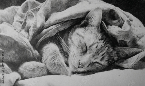 A monochrome image of a cat sleeping peacefully under a blanket with its eyes closed and paws tucked in