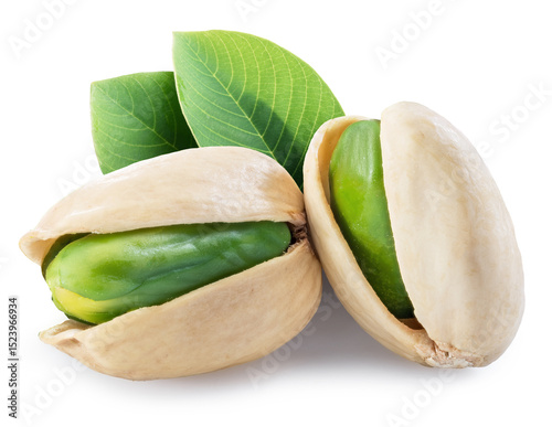 Green pistachio nuts with pistachio shell isolated on a white background.
