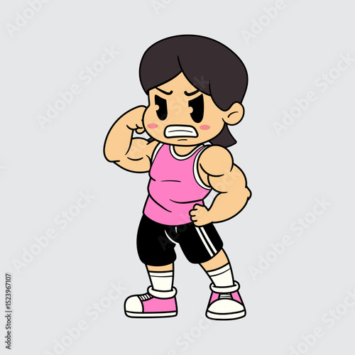 A Cute Girl athlete flexing biceps muscle for fitness in a retro cartoon character mascot illustration