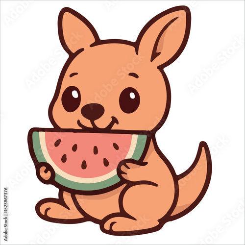 Cute vector illustration of a baby kangaroo happily eating a watermelon slice