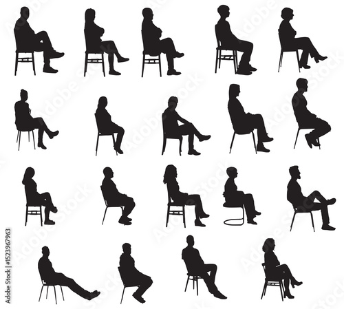 Sitting People Silhouettes, Vector Illustration on White Background.