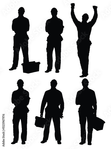 Construction Worker Silhouette Vector Set on White Background.