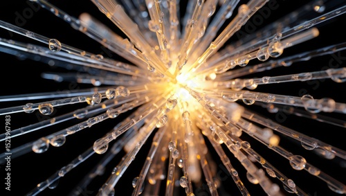 Golden light bursts through a constellation of glistening droplets, radiating outward in a dazzling display